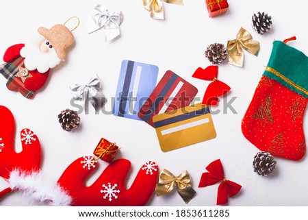 top view photo of christmas background and credit cards