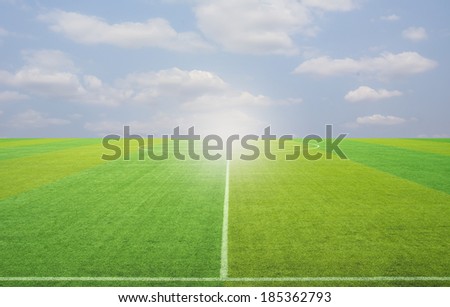 Sport grass field against the sky clouds