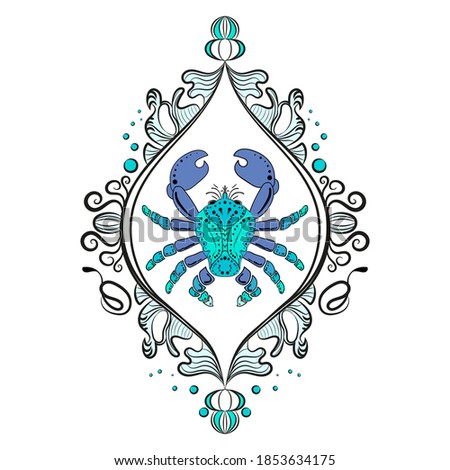 Crab. Vector image on a white background. Blue color. Beautiful frame. Modern style.