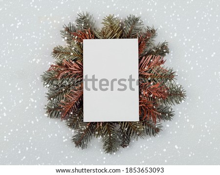 Christmas concept background.Christmas tree branches with white board and snowflakes