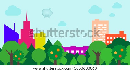 Big colorful city and park in front of it. Flat style vector illustration.