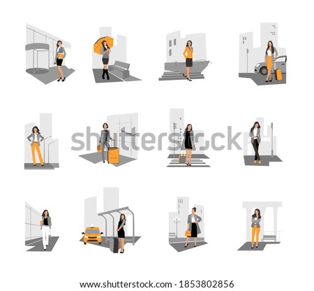 Businesswoman in city. Set of vector illustration of scenes with businesslady characters. Lady near the taxi. Woman with suitecase in the airport. Girl with Umbrella. Businesswomen on the road at work