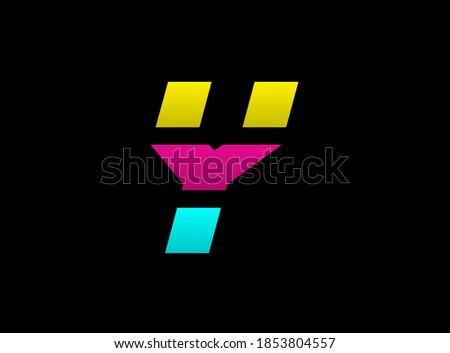 Y letter vector desing, Cmyk color font logo, . Dynamic split blue, pink, yellow color on black background. For social media,design elements, creative poster, web template                    
