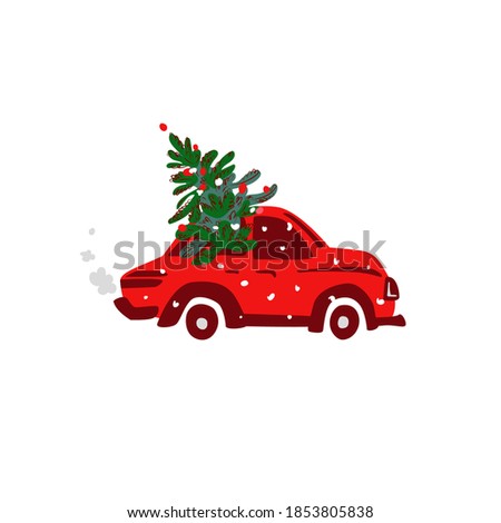 Red retro car and decoration Christmas tree in blizzard. Winter clip art. Holiday poster. Xmas greeting card. New Year concept. Design element isolated on white background. Stock vector illustration