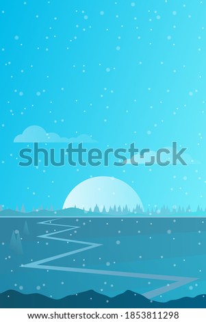 Abstract landscape, Vector banner with polygonal landscape illustration, Minimalist style, Flat design. Winter mountains landscape with moon, sun, sky and snow