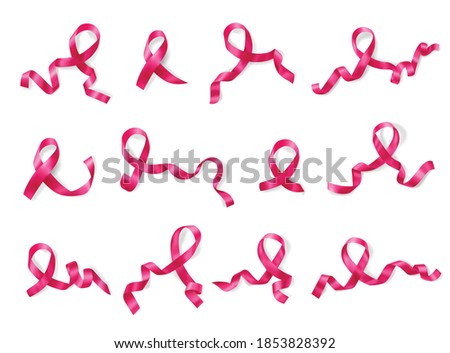Pink ribbon breast cancer awareness month symbol varieties 12 realistic images set white background vector illustration 