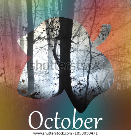 An outline of a leaf with "October" written under it against trees background