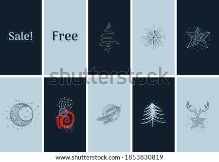 Winter Social Media cover Layout. Vector set of christmas icon in modern abstract style for womenly profile, social media, mobile app. Modern winter template with christmas tree, moon, star, snowflake