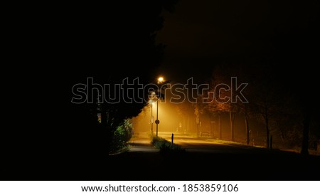 Darkness shapes like a cave revealing the lonely street with fog and glowing street lights in november during the corona pandemic