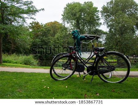 Two bikes parked on a fresh cultivated park lawn in Amsterdam