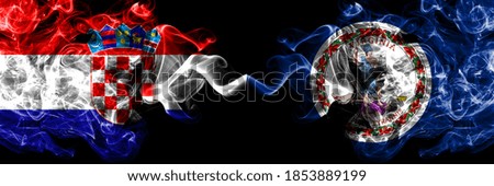 Croatia, Croatian vs United States of America, America, US, USA, American, Virginia smoky mystic flags placed side by side. Thick colored silky abstract smoke flags.
