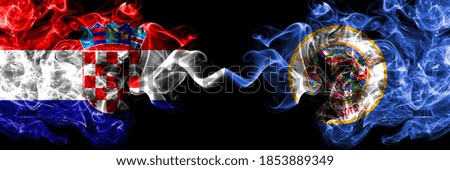 Croatia, Croatian vs United States of America, America, US, USA, American, Minnesota smoky mystic flags placed side by side. Thick colored silky abstract smoke flags.