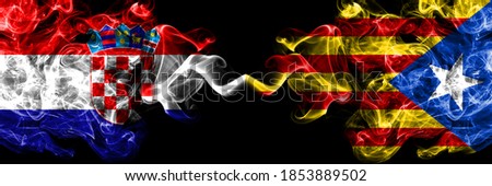 Croatia, Croatian vs Catalonia, Catalan, Catalonian, Spain smoky mystic flags placed side by side. Thick colored silky abstract smoke flags.