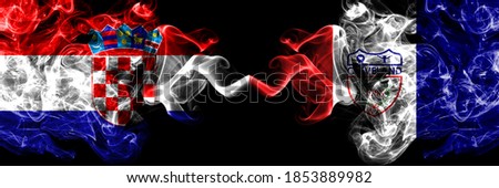 Croatia, Croatian vs United States of America, America, US, USA, American, Cleveland, Ohio smoky mystic flags placed side by side. Thick colored silky abstract smoke flags.