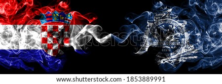 Croatia, Croatian vs United States of America, America, US, USA, American, Charleston, South Carolina smoky mystic flags placed side by side. Thick colored silky abstract smoke flags.