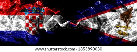 Croatia, Croatian vs United States of America, America, US, USA, American, American Samoa smoky mystic flags placed side by side. Thick colored silky abstract smoke flags.