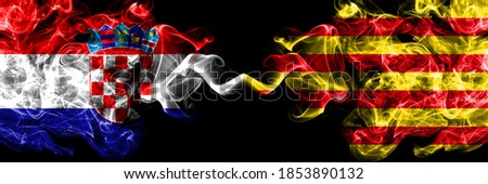 Croatia, Croatian vs Spain, Spanish, Catalonia, Senyera smoky mystic flags placed side by side. Thick colored silky abstract smoke flags.