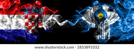 Croatia, Croatian vs Commonwealth smoky mystic flags placed side by side. Thick colored silky abstract smoke flags.
