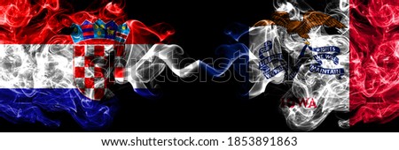 Croatia, Croatian vs United States of America, America, US, USA, American, Iowa smoky mystic flags placed side by side. Thick colored silky abstract smoke flags.
