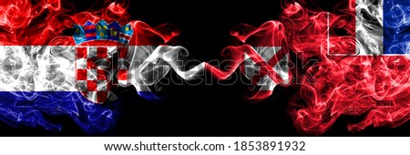 Croatia, Croatian vs France, French, Wallis and Futuna smoky mystic flags placed side by side. Thick colored silky abstract smoke flags.