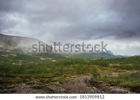 Forest trail with mountains covered with clouds in the background