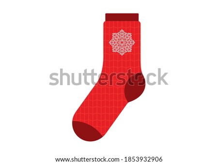 Red sock with snowflake icon. Red sock with christmas pattern knit illustration. Red wool knitted socks icon isolated on a white background. Warm winter socks clip art