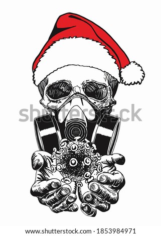 Covid 19. Human skull in Santa Claus hat isolated on white background, vector illustration