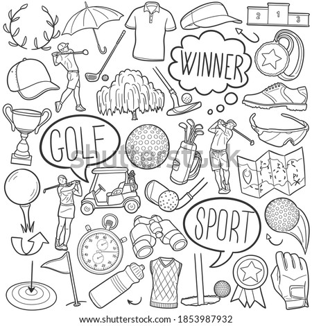 Golf doodle icon set. Sports Tools Vector illustration collection. Banner Hand drawn Line art style.