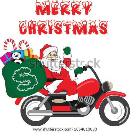 Santa Claus riding motorcycle with a bag full of gifts