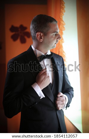 Close up of a man in a white shirt, black suit and a bow tie. Man's hands. Photo session of the groom. Wedding pictures. Businessman