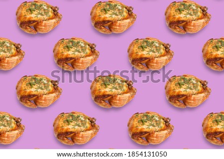 Seamless pattern of grilled chicken sprinkled with spices on a pink background. The view from the top. Original packaging design