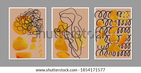 Set of creative abstract illustractions with watercolor blurs and black lines. Can be used for any kind of a design:wall decoration, postcard, brochure, fashion print, posters. Vector template.
