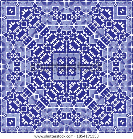 Portuguese ornamental azulejo ceramic. Set of vector seamless patterns. Creative design. Blue vintage backdrops for wallpaper, web background, towels, print, surface texture, pillows.