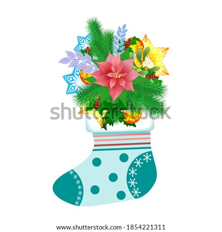 Colorful decorative Christmas sock with snowflakes, poinsettia and branches on a white background