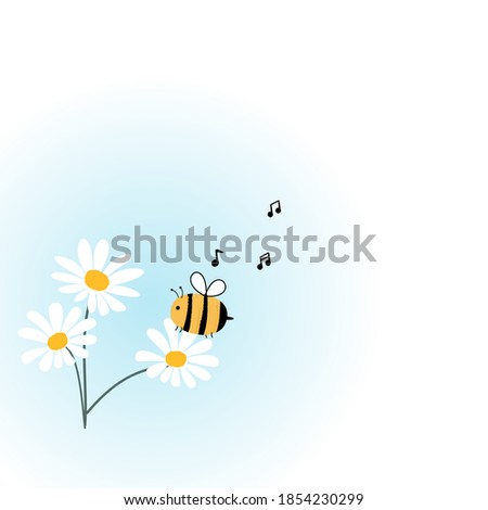 Daisy flower garden, music notes  and flying bee cartoon on blue blur background vector illustration.
