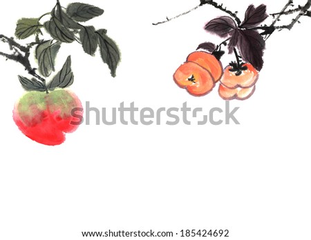 delicious fruits of painting, persimmon, peach