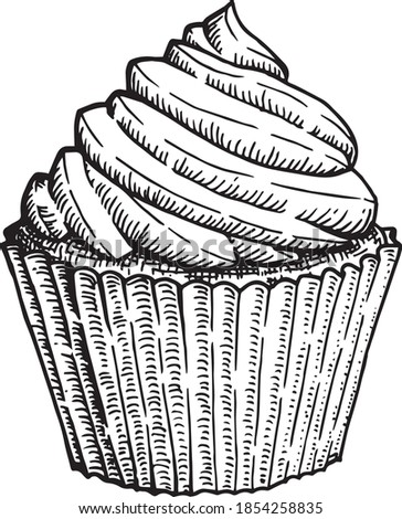 Hand drawn black and white crosshatch vector illustration of a cupcake. No background. Royalty-Free Stock Photo #1854258835