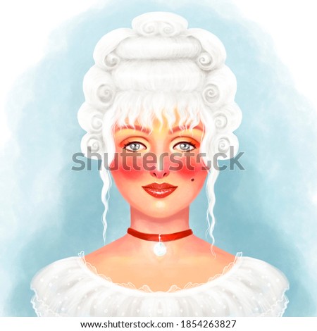 illustration of a portrait of a girl in the style of the 17th and 18th centuries, in a white wig, white dress and a velvet ribbon around her neck with decoration. 