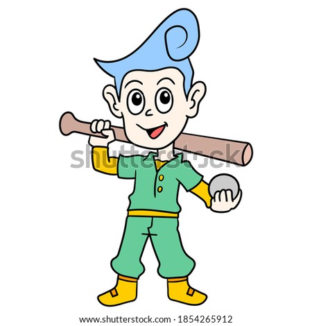 baseball player carrying bat and ball. vector illustration of cartoon doodle sticker draw