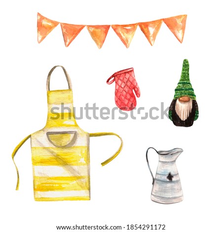 Watercolor set of apron, oven glove, gnome, party flags and enamel jug. Home & kitchen decor clipart. For stickers, seasonal decoration, greeting cards, magnets, print. Happy Thanksgiving fall holiday