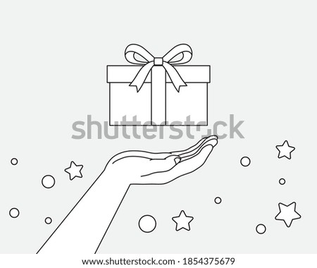 Hand giving gifts black and white, Vector cartoon illustration. 