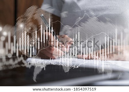 Woman signs agreement. Forex financil market chart and graph hologram. Double exposure . Brokerage concept.