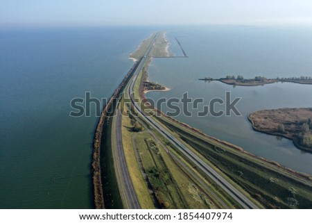 Dronearial  photo of the dike between Enkhuizen and Lelystad in the Netherlands