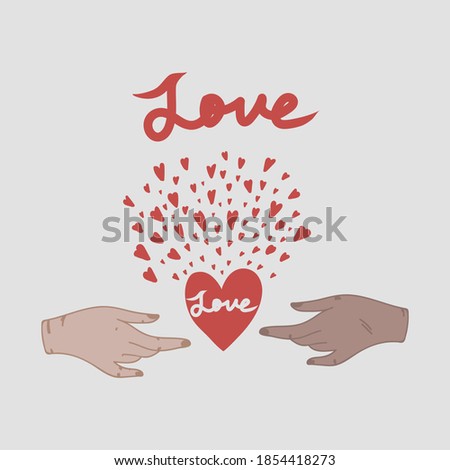 Vector illustration of hands in a circle of hearts. Hand-drawn heart clip art with the inscription Love. The concept of cards on February 14. Isolated image. Vector illustration