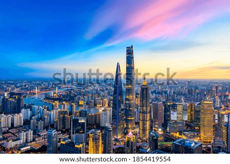 Aerial view of Shanghai skyline and cityscape at sunset,China.