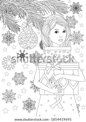 pretty girl holding christmas gift boxes stands against branches of pine with hanging decor ball and falling snowflakes for your coloring book