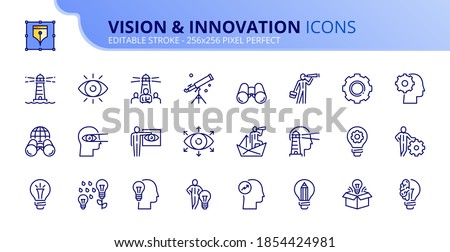 Outline icons about vision and innovation. Business concepts. Contains such icons as businessman with idea, creativity, development and global vision. Editable stroke Vector 256x256 pixel perfect Royalty-Free Stock Photo #1854424981
