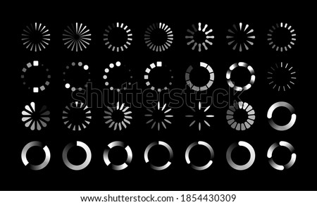 Round progress bars. Countdown circle icon, round upload, reboot and loading symbols. Collection of buffering and data transfer process signs. White web marks on black background, vector download set Royalty-Free Stock Photo #1854430309