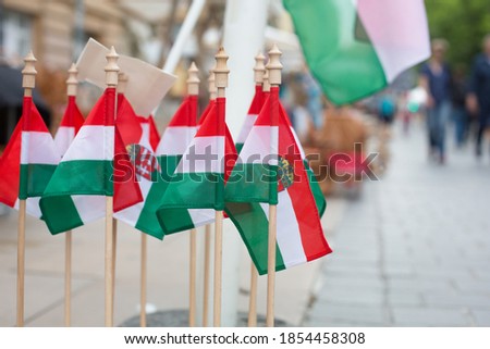 Group of Hungary Flags in a souvenir shop at a city festival. 