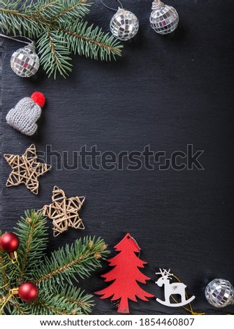 Christmas decoration. Frame made of Christmas toys and empty space for text. Greeting card.